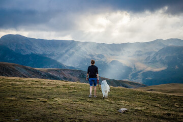 Fototapeta premium woman and dog watching amazing panorama of heavenly lights at sunset in high mountains