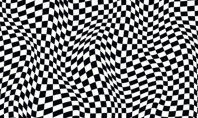 Curved checkered background. Black and white square pattern. 3d checkered surface 