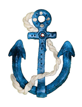 Nautical sea ship blue anchor with rope watercolour