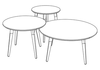 Hand-drawn collection of various coffee tables. Linear drawing. Isolated vector objects on white background. Clipart.