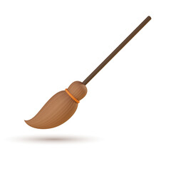 3D realistic cartoon broom with a black stick. Vector illustration. Isolated clipart with traditional decorative element for Helloween
