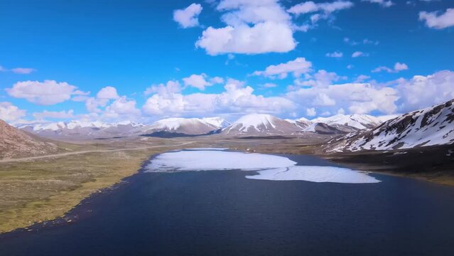 Drone flight over a mountain lake in Kyrgyzstan