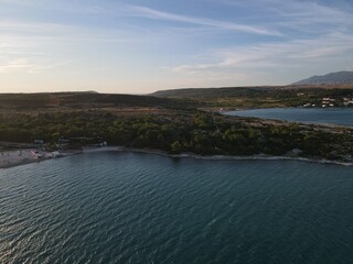 Aerial view of Zrce Beach Festival in Novalja, island Pag, archipelago of Croatia. People partying on a hot summer day on Zrce beach. Zrce beach is the most popular party destination on Adriatic sea.