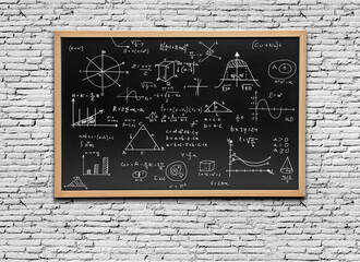 Math equations written on a blackboard - mathematics and science concepts against a white...