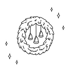 Christmas wreath. Hand drawn illustration with fir tree branches and bells. Traditional xmas decoration element. Greeting for web and graphic design
