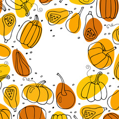 Pumpkin sketch frame. Various pumpkins. Hand drawn autumn vector collection.Thanksgiving or Halloween holidays sketch design. Pumpkin sketch icon symbols isolated on white. Autumn vegetables print