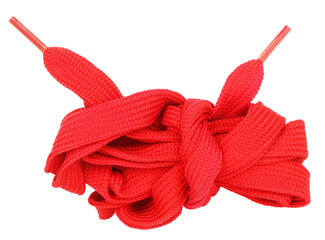 Red shoelaces knot isolated on white background. Laces for shoes or sneakers tied in huge knot  - obrazy, fototapety, plakaty