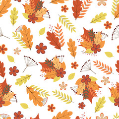 Autumn seamless pattern. Colorful leaves, flowers, and berries. Fall vector background. Perfect for fabric, scrapbooking, wrapping paper, etc