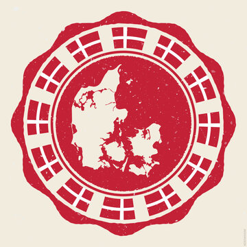 Denmark vintage sign. Grunge round logo with map and flags of Denmark. Superb vector illustration.