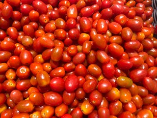 Close-up of a large number of round tomatoes placed together.