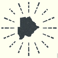 Botswana Logo. Grunge sunburst poster with map of the country. Shape of Botswana filled with hex digits with sunburst rays around. Charming vector illustration.