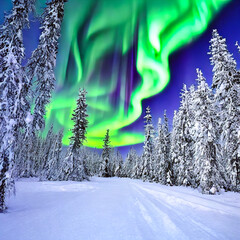 Northern lights over the forest. Polar light