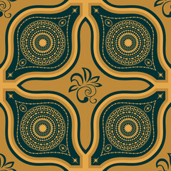 seamless pattern with abstract ethnic Turkish damask motifs with morocco ornamental tile emboss block on dark green and golden royal ornamental flat vector Portuguese tile.