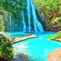 Beautiful waterfall with sunlight in jungle, paradise fantasy island