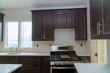 Fototapeta premium Installed kitchen wooden cabinets with a view of home improvement in a set of furniture being constructed