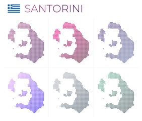 Santorini dotted map set. Map of Santorini in dotted style. Borders of the island filled with beautiful smooth gradient circles. Captivating vector illustration.
