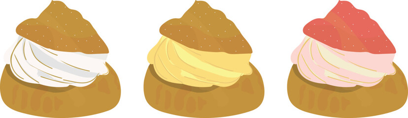 Cream puff, shu cake, 
a small hollow pastry typically filled with cream, hollow pastry, choux a la creme vintage illustration, scone - obrazy, fototapety, plakaty