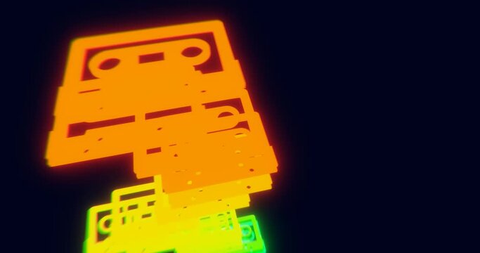Retro cartoon template with colorful cassette dancing on dark background.