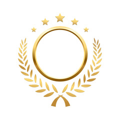 Gold round frame, stars and circular wreath from olive leaf, 3d golden anniversary medal