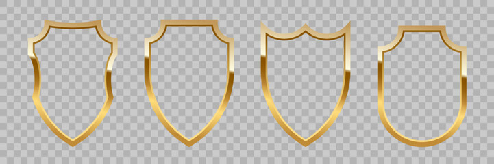 Gold shield frames set vector illustration. Realistic isolated golden armory trophy with metal coat, 3d luxury safety protection emblem of different shapes, vintage blank shiny royal award collection