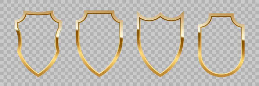 Gold shield frames set vector illustration. Realistic isolated golden armory trophy with metal coat, 3d luxury safety protection emblem of different shapes, vintage blank shiny royal award collection