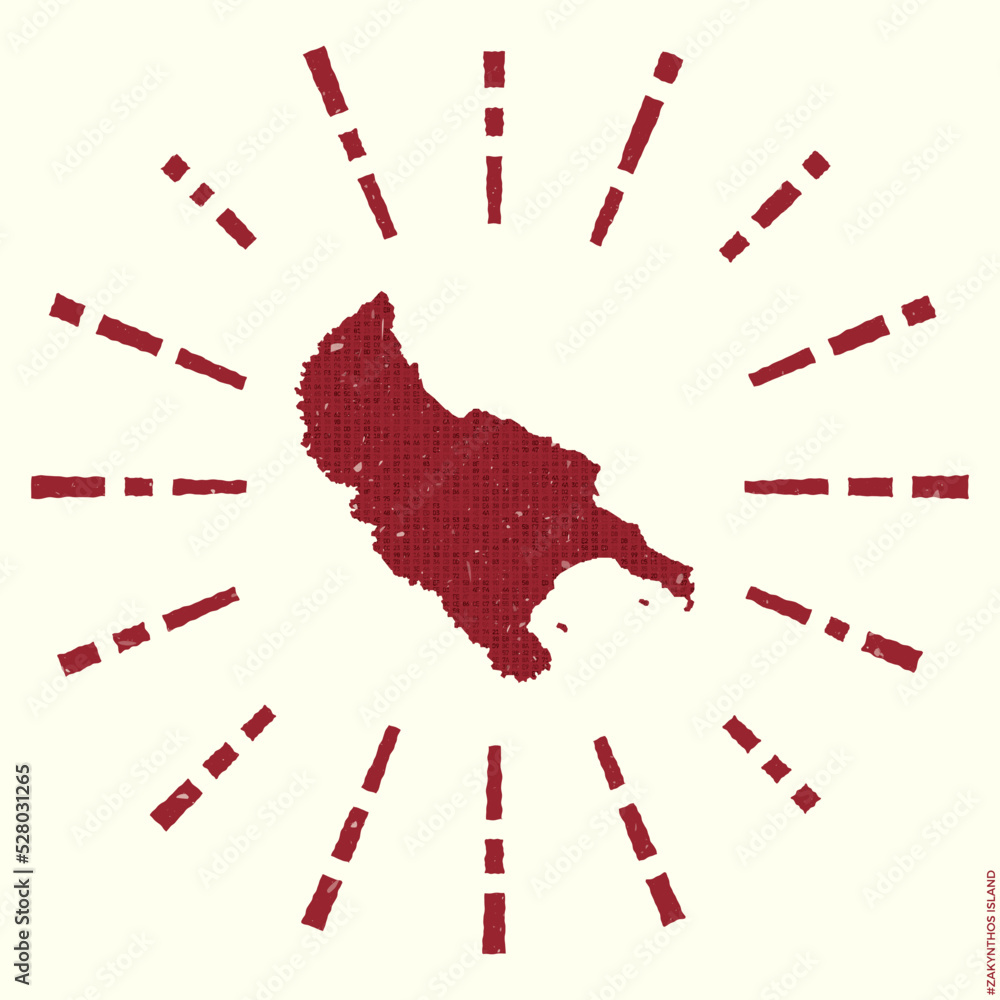 Poster zakynthos island logo. grunge sunburst poster with map of the island. shape of zakynthos island fill