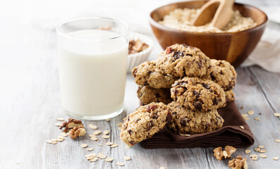 Brown Homemade Gluten Free Oatmeal Cookies with Dark Chocolate.