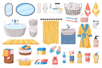 Bathroom hygiene products. Sanitary equipment. Shampoo and lotion. Personal care. Deodorant and bath soap. Shower tower. Bath curtain. Toilet paper and towels. Vector illustration set