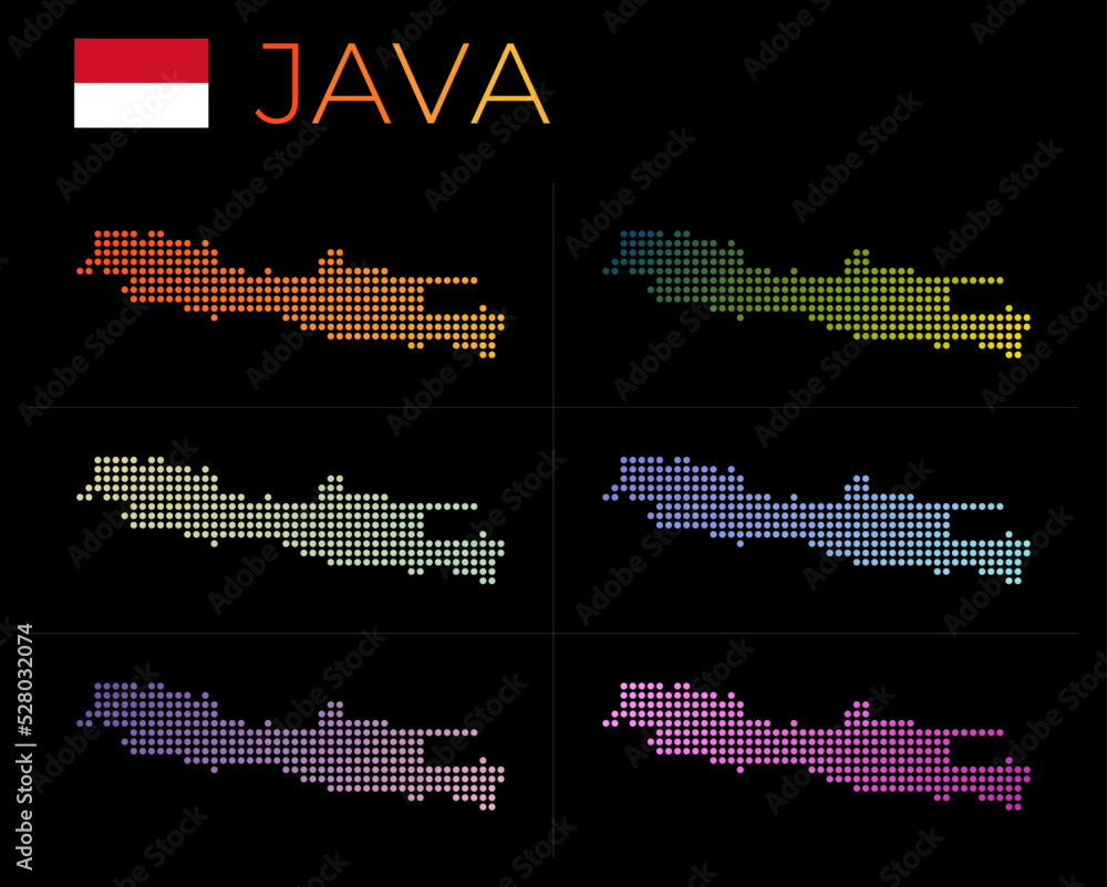 Poster java dotted map set. map of java in dotted style. borders of the island filled with beautiful smooth
