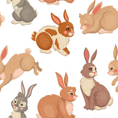 Rabbit pattern. Cute bunny animal design, sweet illustration for textile or wallpaper. Standing jumping and sitting rodent. Cartoon characters childish print. Vector seamless background