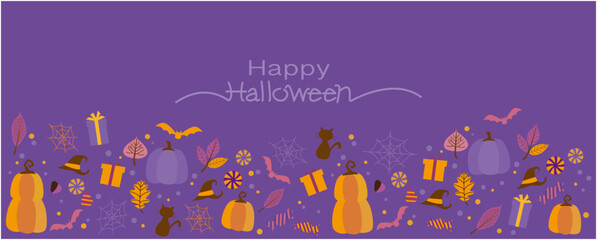 Halloween festival concept decorative banner. Horror, Scary, Funny face, pumpkin, leaves, gift, candy and colorful elements pattern. Happy halloween background. Vector illustration.
