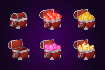 Game treasure chest, ui gems and coins. Golden pirate asset isolated fantasy elements angle view, money app, shiny ruby and diamond in open wooden box. jewelry objects. Vector cartoon icons
