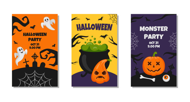 Halloween pumpkin party poster template. Cute happy banner or sale background, funny creepy pumpkins and ghosts, greeting card or flyer, horror frame. Vector illustration
