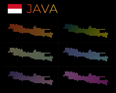Java dotted map set. Map of Java in dotted style. Borders of the island filled with beautiful smooth gradient circles. Superb vector illustration.