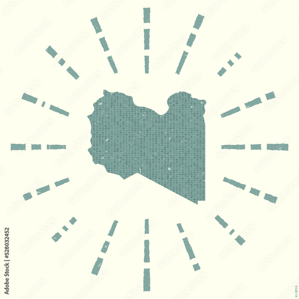 Poster libya logo. grunge sunburst poster with map of the country. shape of libya filled with hex digits wi