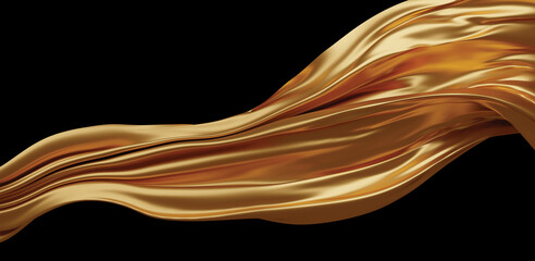 Gold cloth flying in the wind isolated on black background 3D render - 528032431