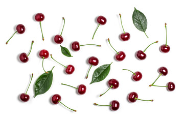 Cherry isolated. Sour cherry. Cherries with leaves on white background. Sour cherries on white Top view