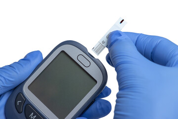 Doctor measuring glucose test level monitors and controls high blood sugar diabetes and glycemic...