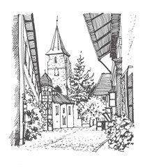 Lauf an der Pegnitz, Northern Bavarian. Sketch of a town to the East of Nuremberg, Germany. Hand drawing. Urban sketch in black color on white background. Medieval building line art. Freehand drawing.