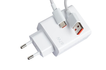 White charger with usb cable on white background.