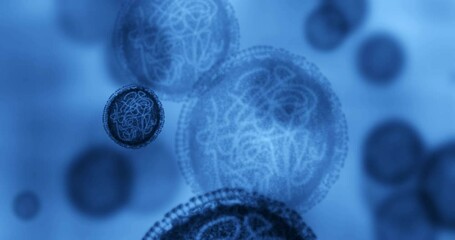 Bacteria, microscope virus and zoom of particles moving slowly in experiment on a blue background. Microscopic organisms, DNA and cells in healthcare discovery for microbiology cure for micro germs. - Powered by Adobe
