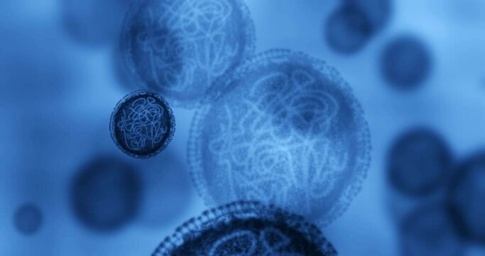 Bacteria, microscope virus and zoom of particles moving slowly in experiment on a blue background. Microscopic organisms, DNA and cells in healthcare discovery for microbiology cure for micro germs.