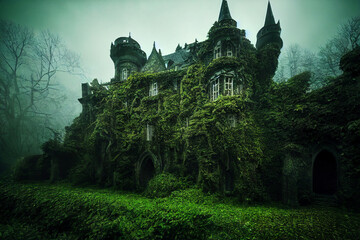 Gothic Castle in the dark forest, dark scary horror castle 3d rendering - obrazy, fototapety, plakaty