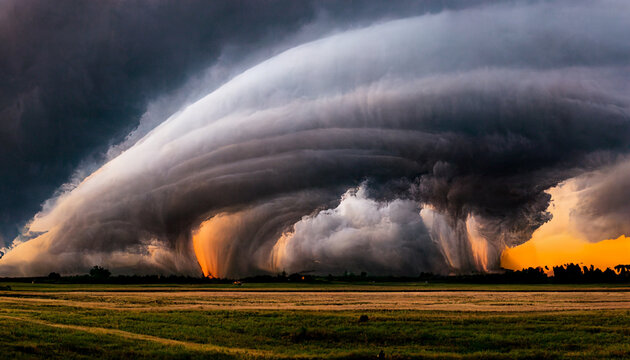Huge tornado touchdown, climate warning, environmental changes global warming, tornado destroying fields and lands 3d rendering