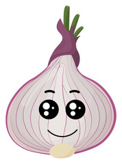 Sticker pink onion with kawaii emotions. Flat illustration of a onion with emotions without background.