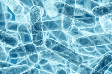 Enterobacteriaceae, gram-negative rod-shaped bacteria, part of intestinal microbiome and causative agents of different infections, 3D rendering. Escherichia coli, Klebsiella, Enterobacter and other - obrazy, fototapety, plakaty