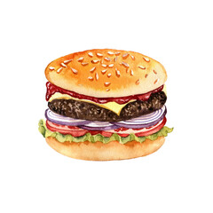 watercolor drawing fresh burger with tomatoes, onion and beef, hand drawn illustration
