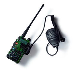 Isolated portable radio transmitter with controller on a white background close-up
