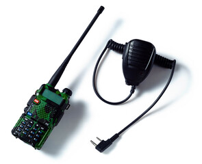 Isolated portable radio transmitter with controller on a white background close-up