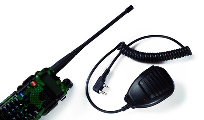 Isolated portable radio transmitter with controller on a white background close-up